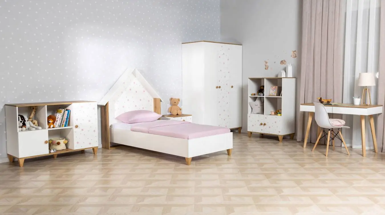 Детская кровать Nicky, цвет: Белый премиум + Дуб Натюрель + Розовый декор фото - 2 - большое изображение