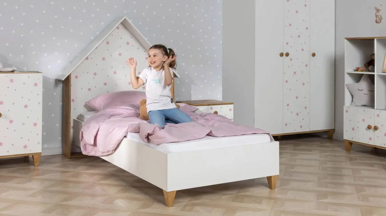 Детская кровать Nicky, цвет: Белый премиум + Дуб Натюрель + Розовый декор фото - 6 - большое изображение